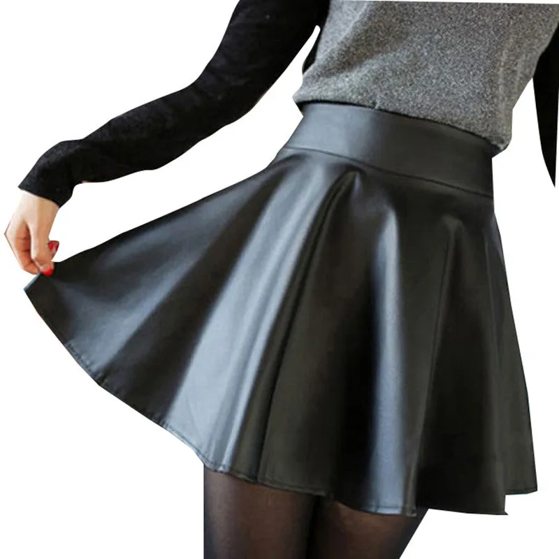 Plus Size 2016 Newest Women Black Skirts Spring Casual Faux Leather Pleated Mini Skirts High Waist Skater Short Skirt S/M/L/XL S