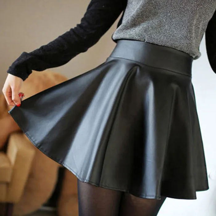 Plus Size 2016 Newest Women Black Skirts Spring Casual Faux Leather Pleated Mini Skirts High Waist Skater Short Skirt S/M/L/XL S