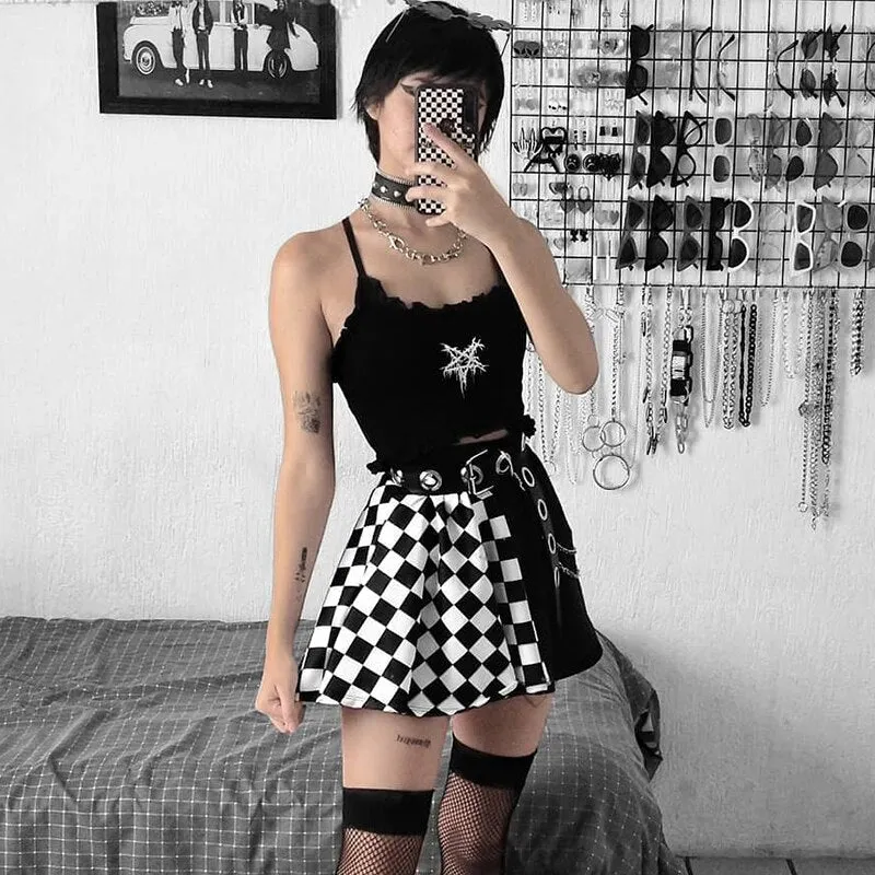 Punk Skirt Gothic Plaid A Line Mini Skirts Harajuku Streetwear Sexy Plaid Patchwork Skirt E Girl Grunge Y2K Club Wear