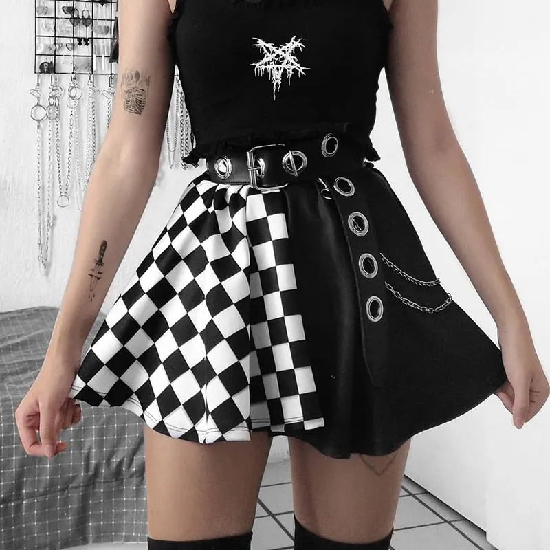 Punk Skirt Gothic Plaid A Line Mini Skirts Harajuku Streetwear Sexy Plaid Patchwork Skirt E Girl Grunge Y2K Club Wear