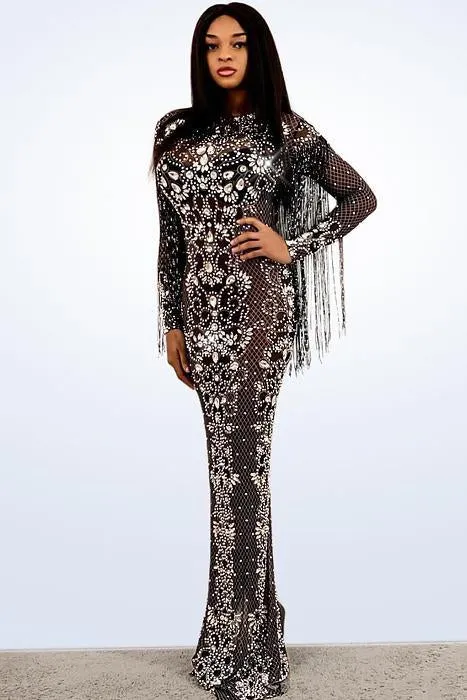 Rome Black Mesh Diamante Tassel Maxi Dress (Rhinestones)