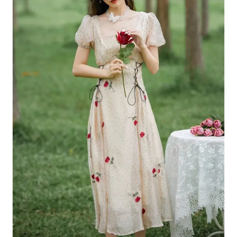 Rose Blossom Flower Embroidered Summer Princess Dress