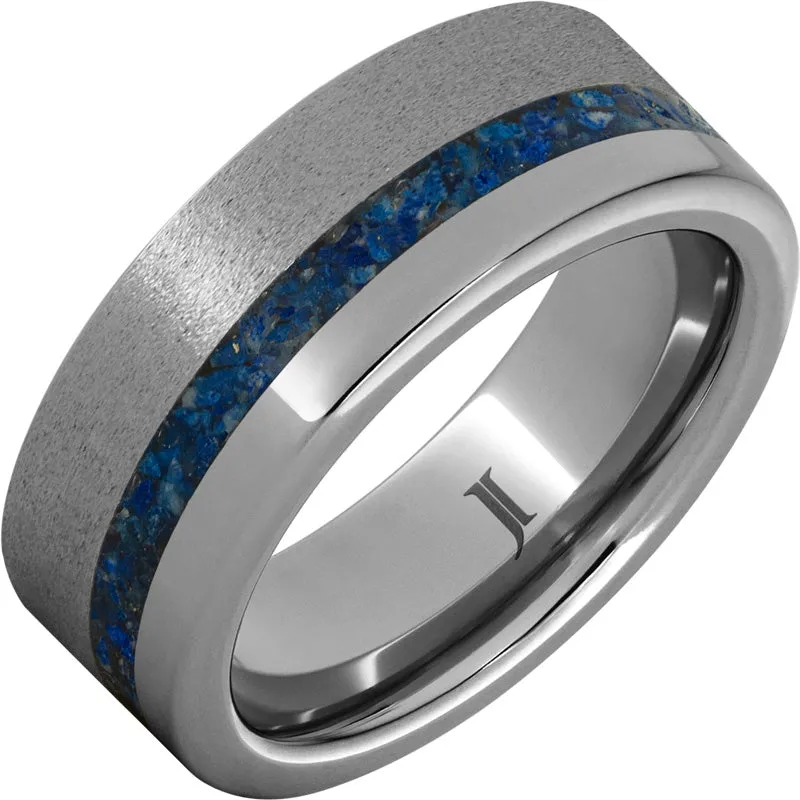 Rugged Tungsten Men's Ring with Lapis Lazuli Inlay and Stone Finish