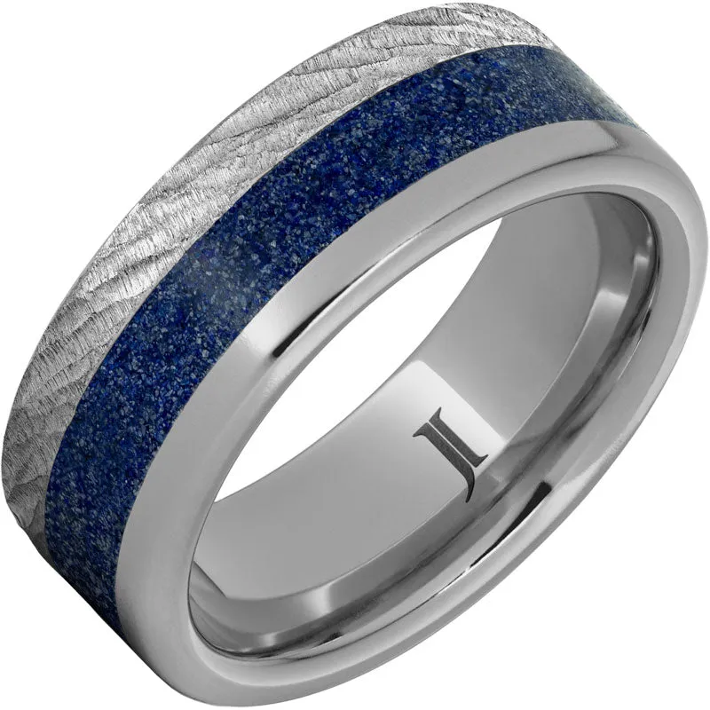 Rugged Tungsten Ring with Lapis Lazuli Inlay and Bark Finish