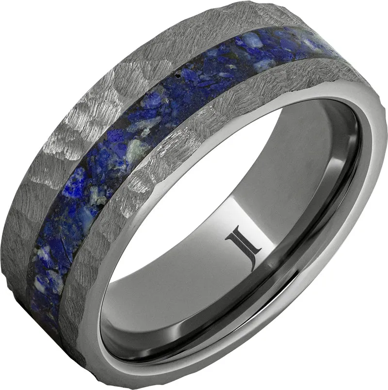 Rugged Tungsten Ring with Lapis Lazuli Inlay and Moon Crater Finish