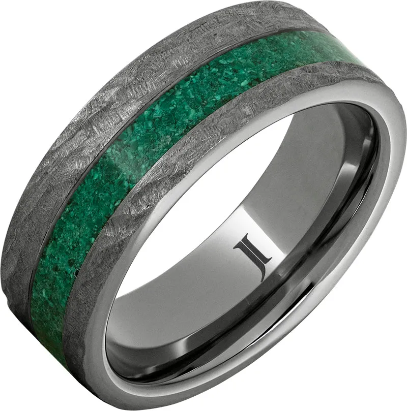 Rugged Tungsten Ring with Malachite Inlay and Bark Finish