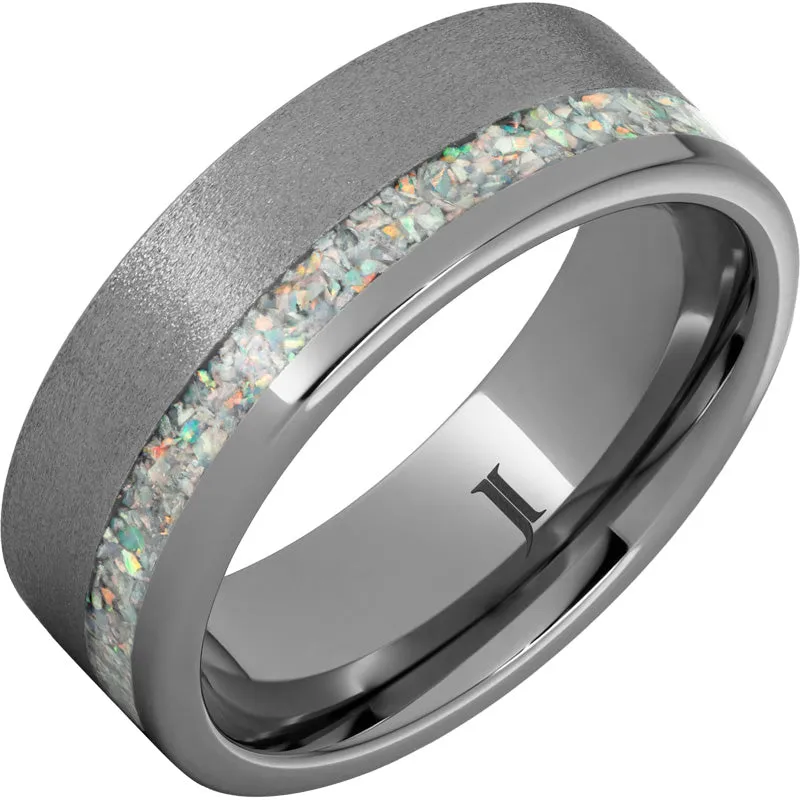 Rugged Tungsten Ring with Opal Inlay and Stone Finish