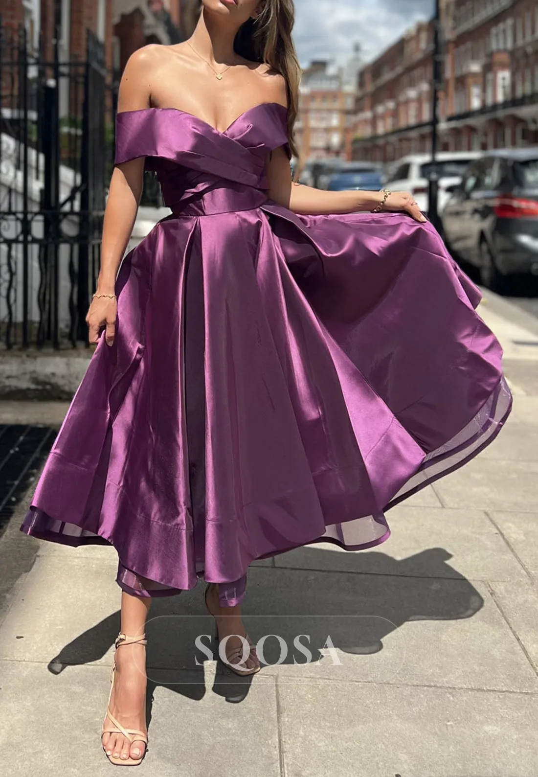 Satin A-Line Off-Shoulder Empire Party Prom Evening Dress QP3550