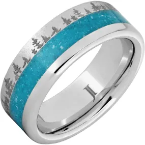 Serinium Ring with Crushed Turquoise Inlay, Pine Forest Engraving and Stone Finish