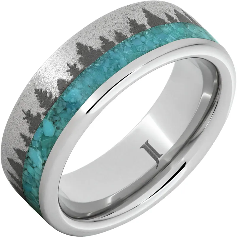 Serinium Ring with Turquoise Inlay, Pine Forest Engraving and Stone Finish