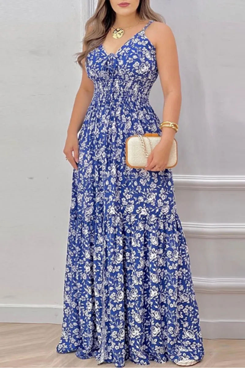 Sexy Casual Floral Print Backless Spaghetti Strap Long Dresses