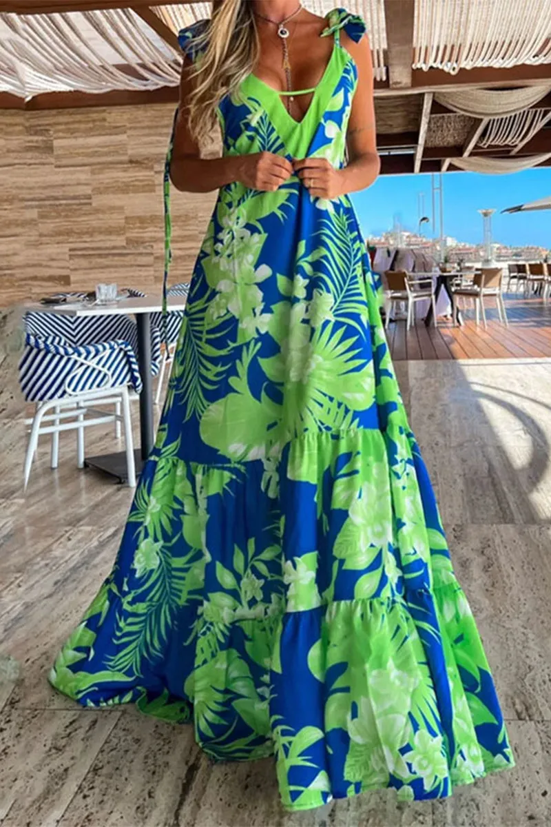 Sexy Vacation Floral Fold V Neck Printed Dress Dresses