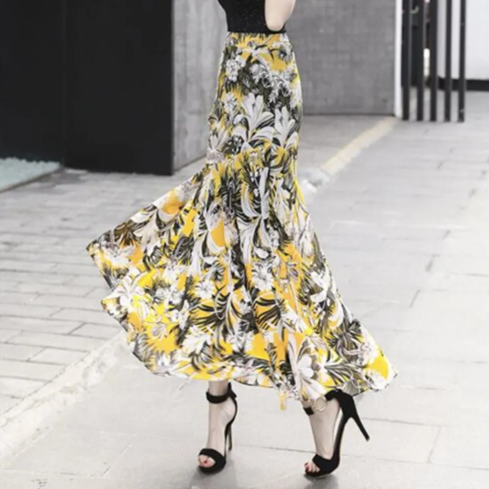 Skirt Long Women Sexy Floor Length Vintage Yellow Floral Maxi Skirts