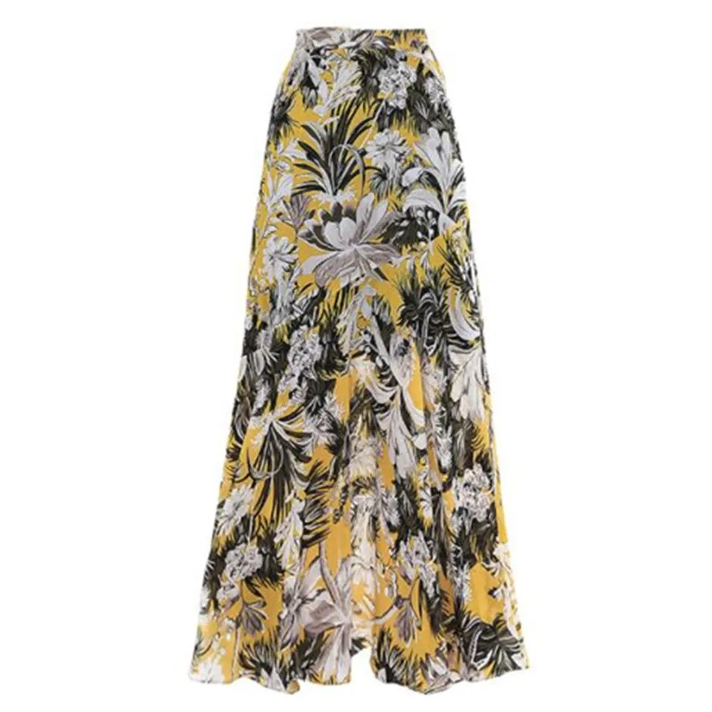 Skirt Long Women Sexy Floor Length Vintage Yellow Floral Maxi Skirts