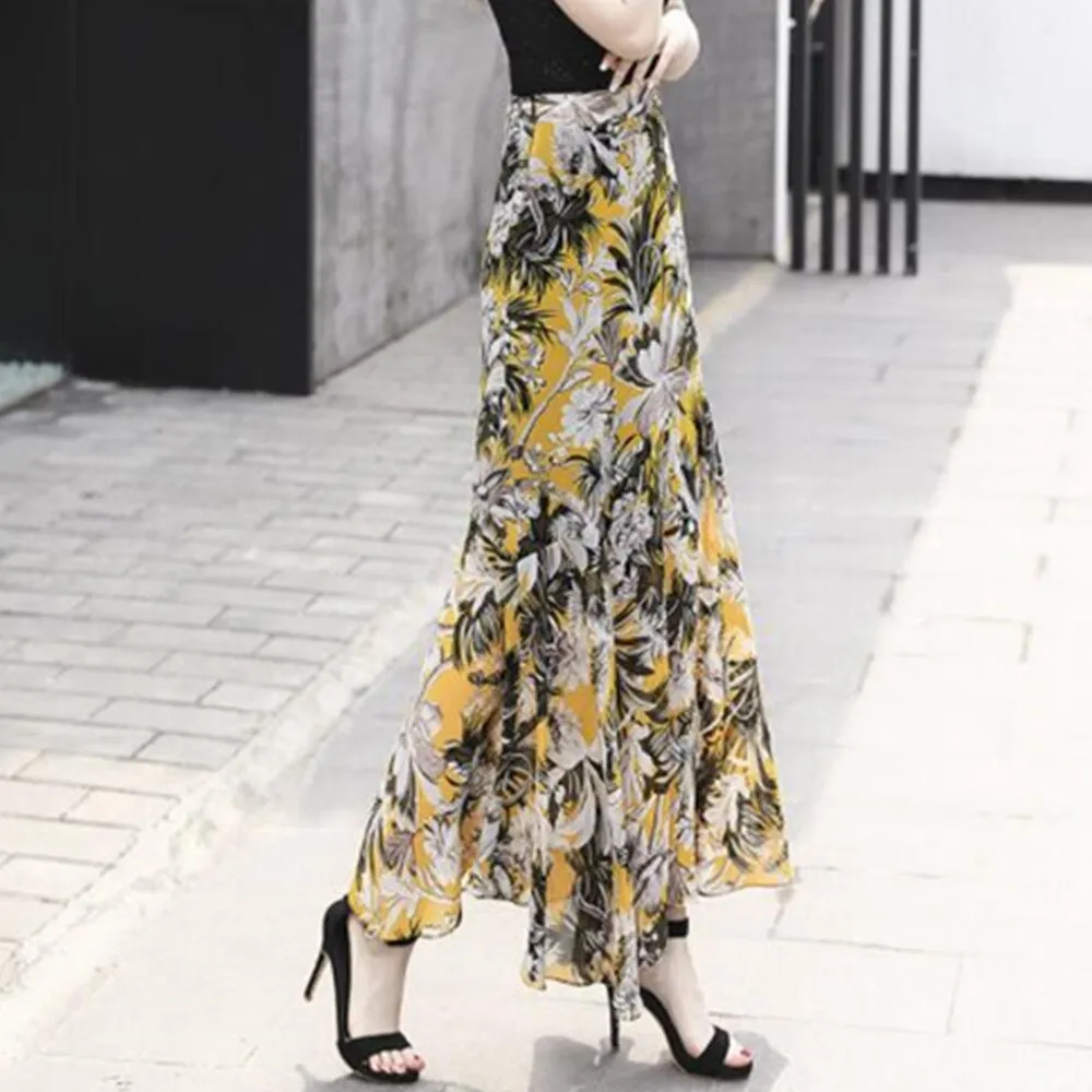 Skirt Long Women Sexy Floor Length Vintage Yellow Floral Maxi Skirts