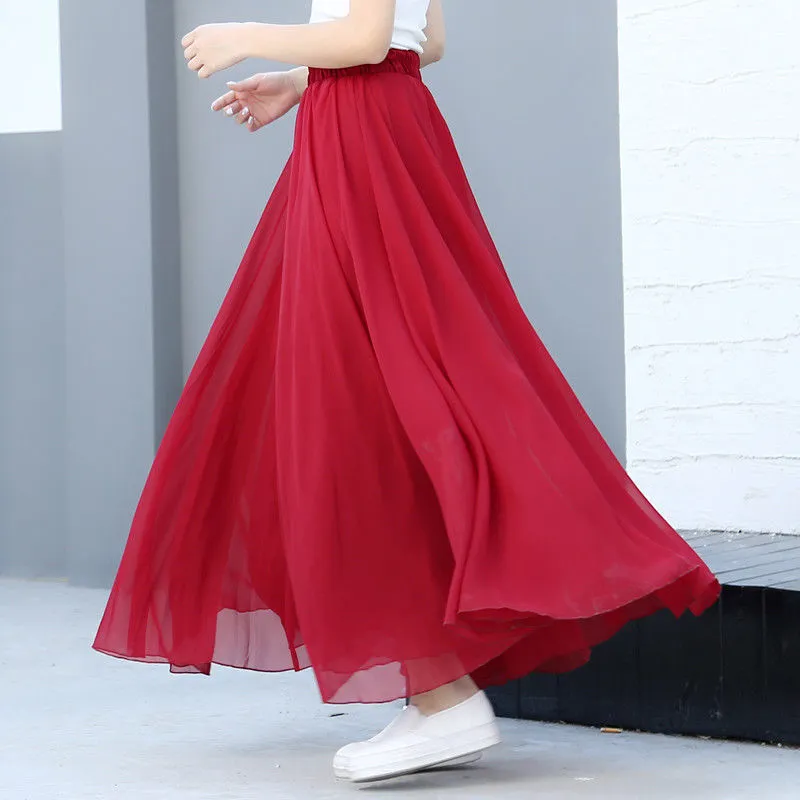 Spring 3 Layer Chiffon Long Women Elegant Casual High Waist Boho Beach Maxi Skirts