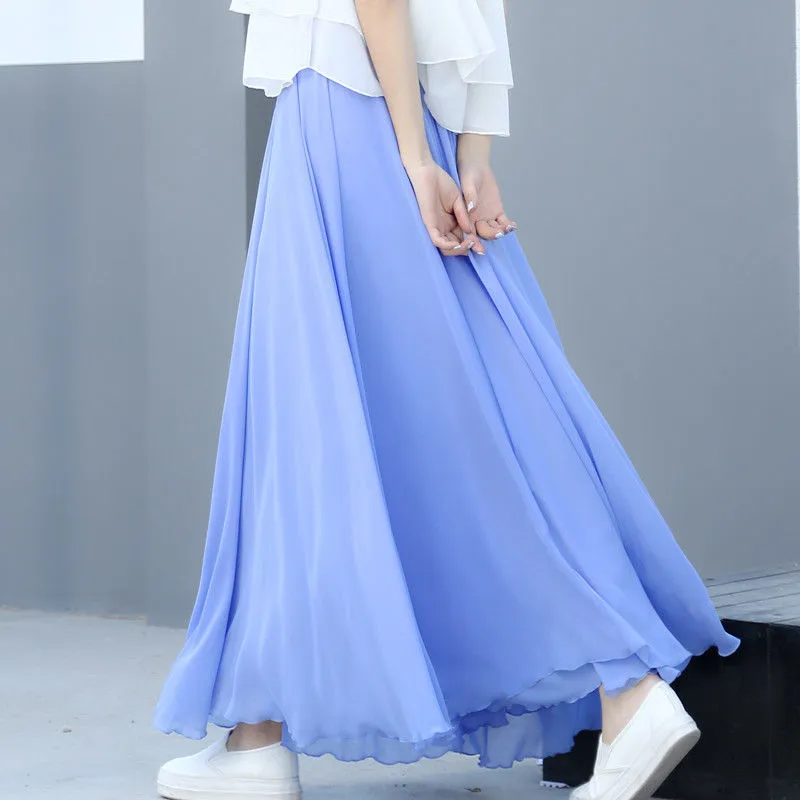 Spring 3 Layer Chiffon Long Women Elegant Casual High Waist Boho Beach Maxi Skirts