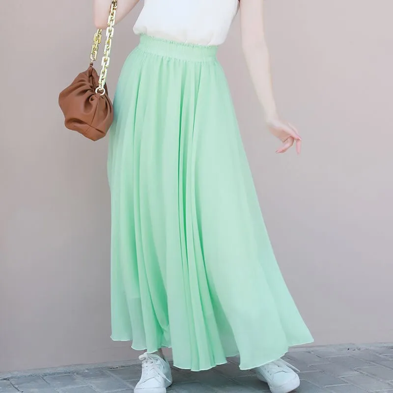 Spring 3 Layer Chiffon Long Women Elegant Casual High Waist Boho Beach Maxi Skirts