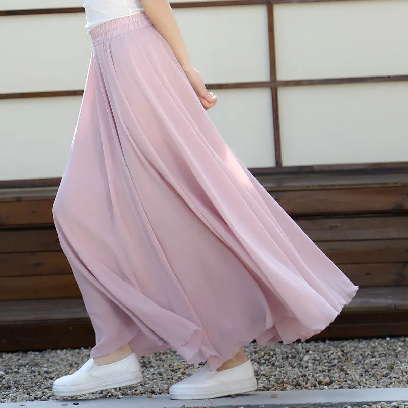 Spring 3 Layer Chiffon Long Women Elegant Casual High Waist Boho Beach Maxi Skirts