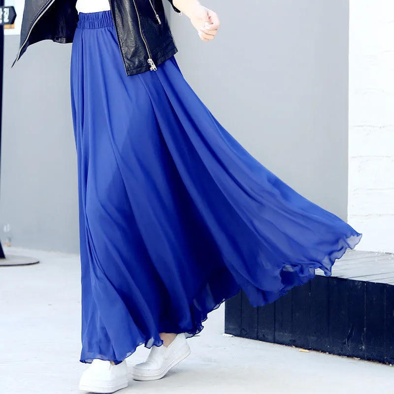 Spring 3 Layer Chiffon Long Women Elegant Casual High Waist Boho Beach Maxi Skirts