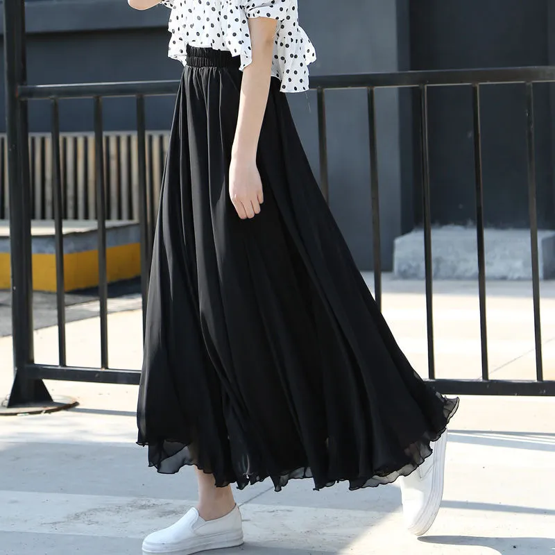 Spring 3 Layer Chiffon Long Women Elegant Casual High Waist Boho Beach Maxi Skirts