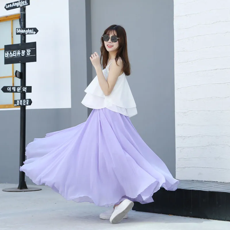 Spring 3 Layer Chiffon Long Women Elegant Casual High Waist Boho Beach Maxi Skirts