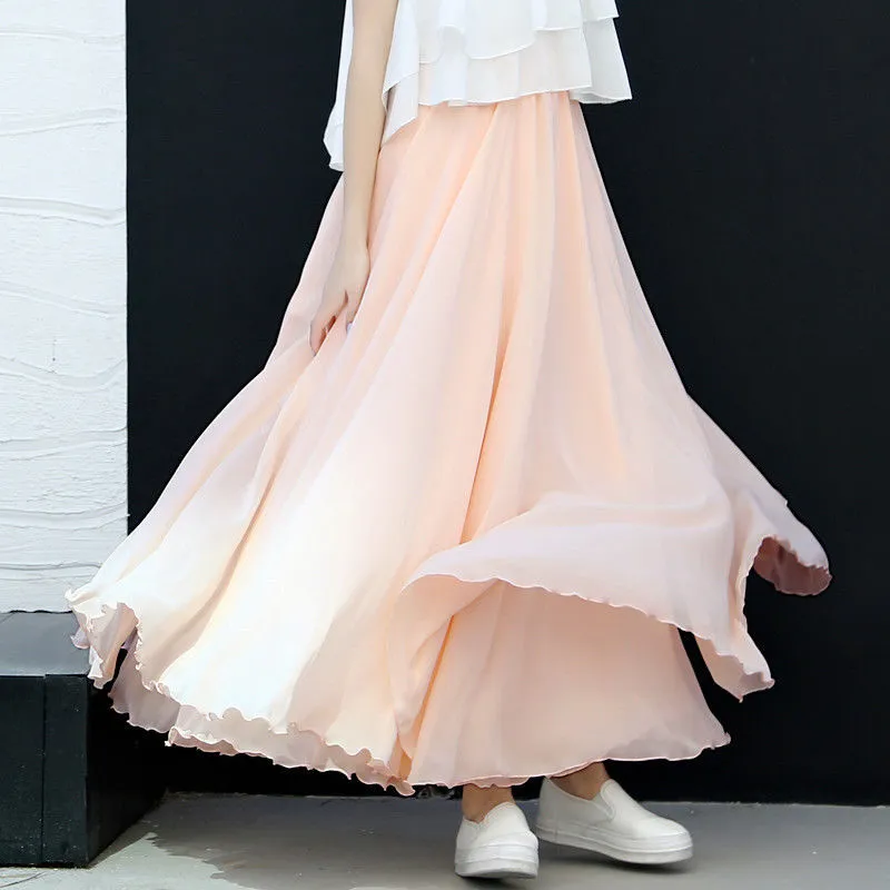 Spring 3 Layer Chiffon Long Women Elegant Casual High Waist Boho Beach Maxi Skirts