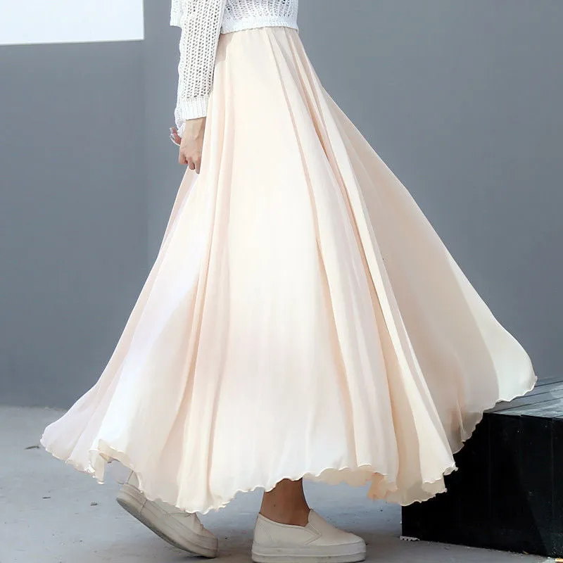 Spring 3 Layer Chiffon Long Women Elegant Casual High Waist Boho Beach Maxi Skirts