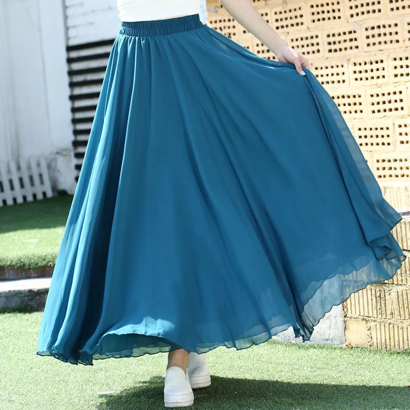 Spring 3 Layer Chiffon Long Women Elegant Casual High Waist Boho Beach Maxi Skirts