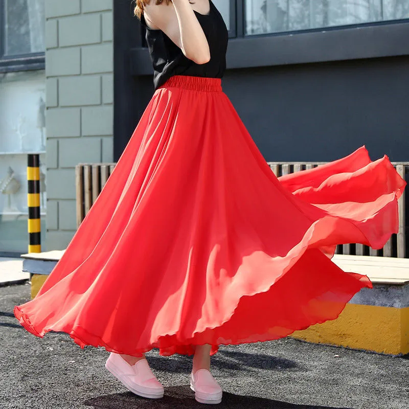 Spring 3 Layer Chiffon Long Women Elegant Casual High Waist Boho Beach Maxi Skirts