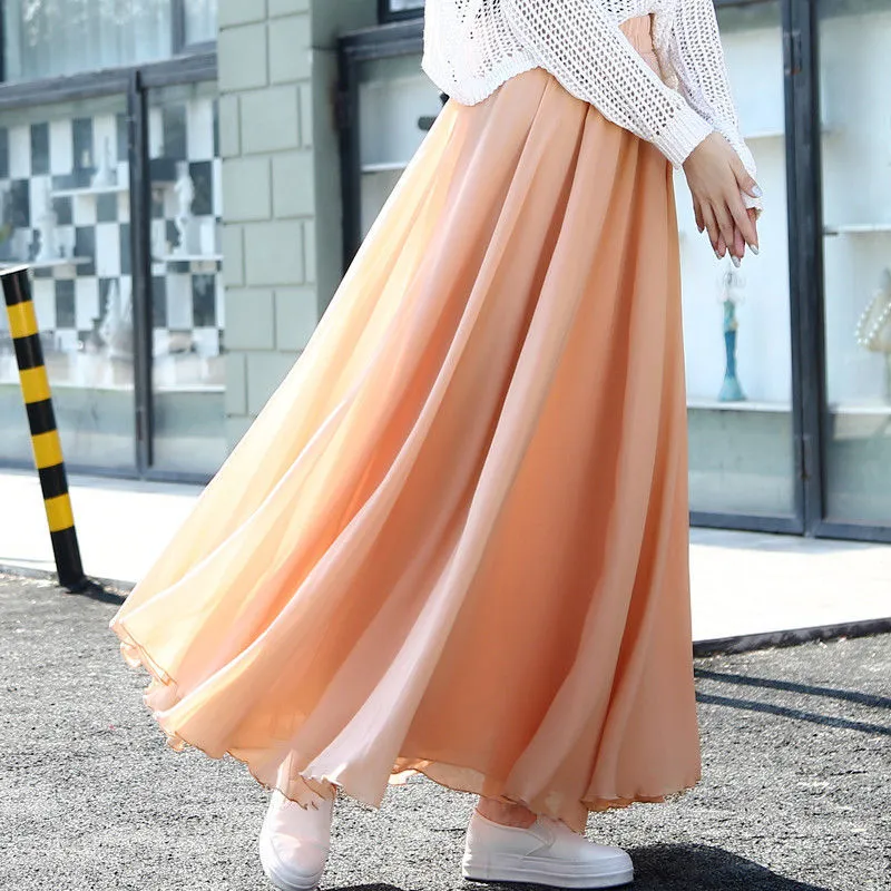 Spring 3 Layer Chiffon Long Women Elegant Casual High Waist Boho Beach Maxi Skirts