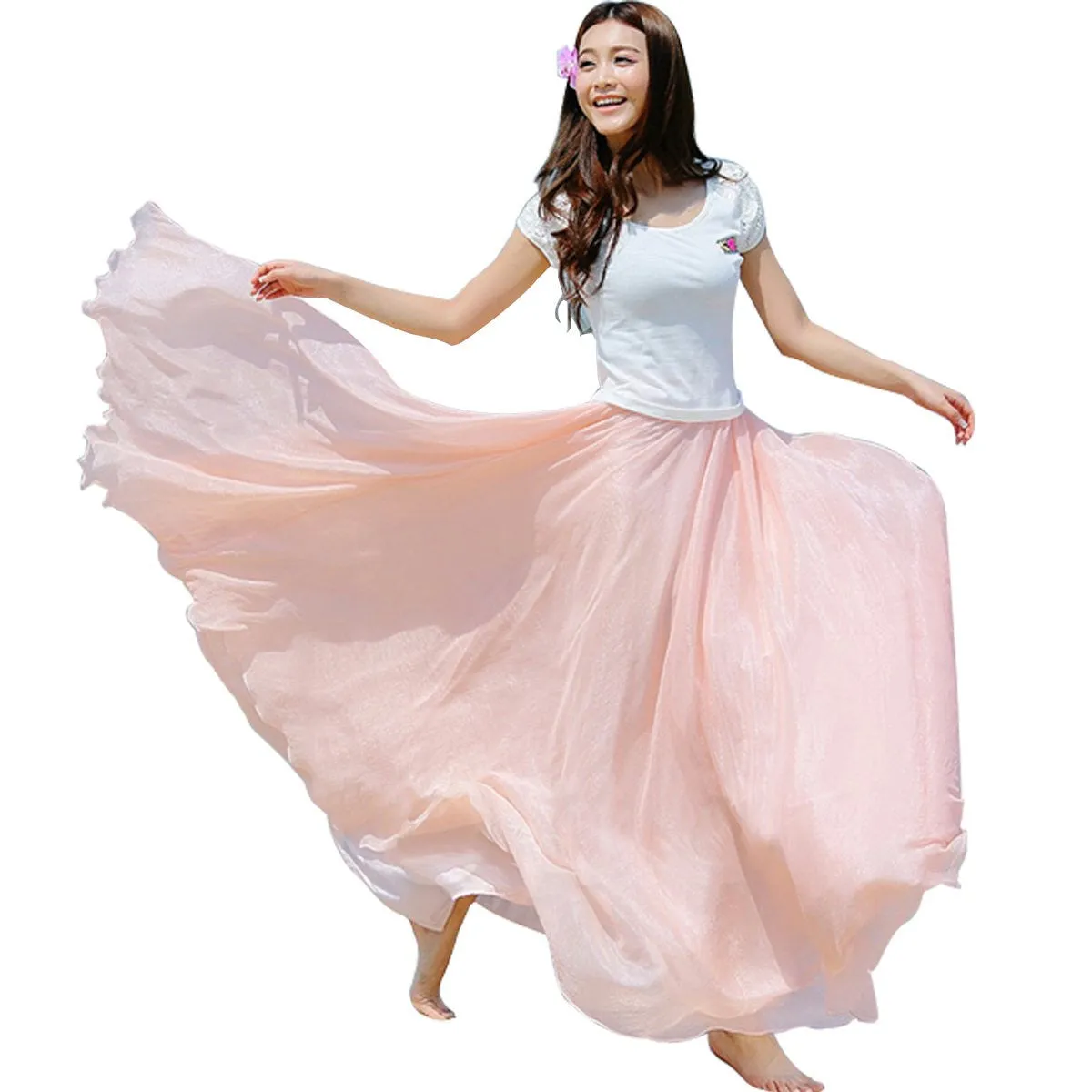 Style Skirts Womens High Waist Pleated Long Skirt Ladies Casual Beach Maxi Skirts saia faldas Color Feida