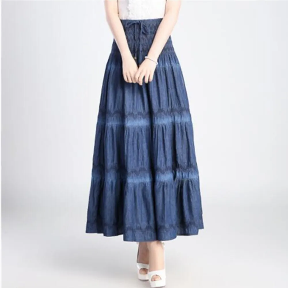 Summer High Waist Long Solid Party Floor-Length Jean Women Denim Pleated Maxi Skirts