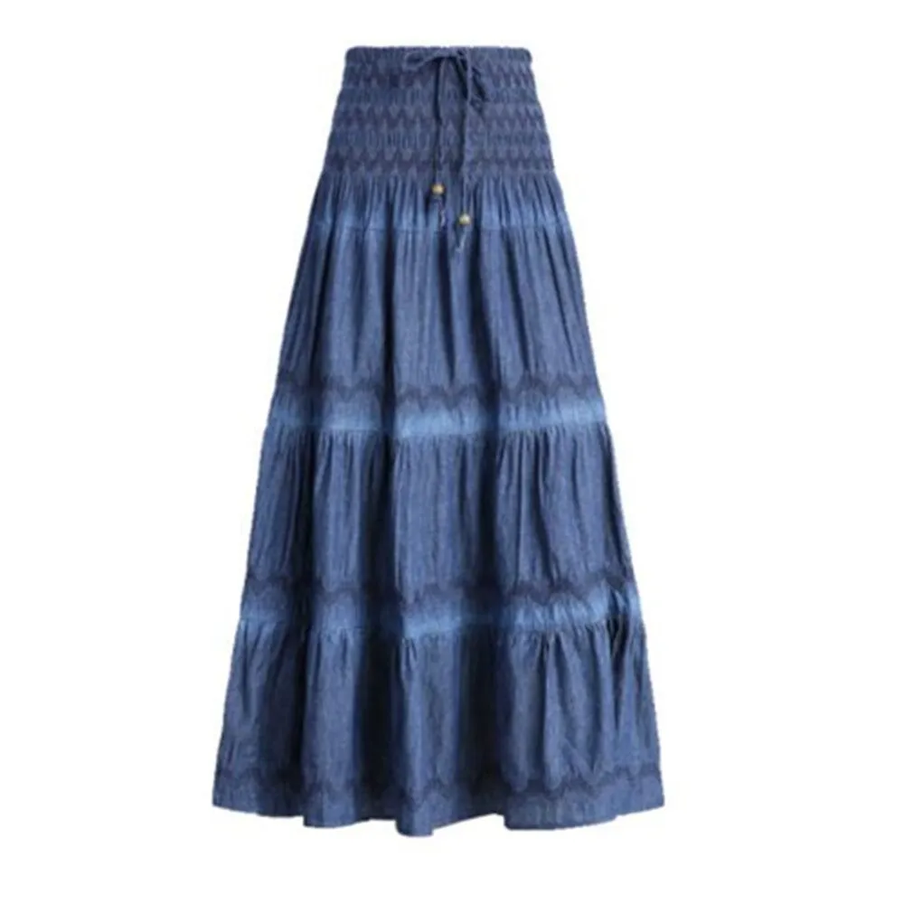 Summer High Waist Long Solid Party Floor-Length Jean Women Denim Pleated Maxi Skirts