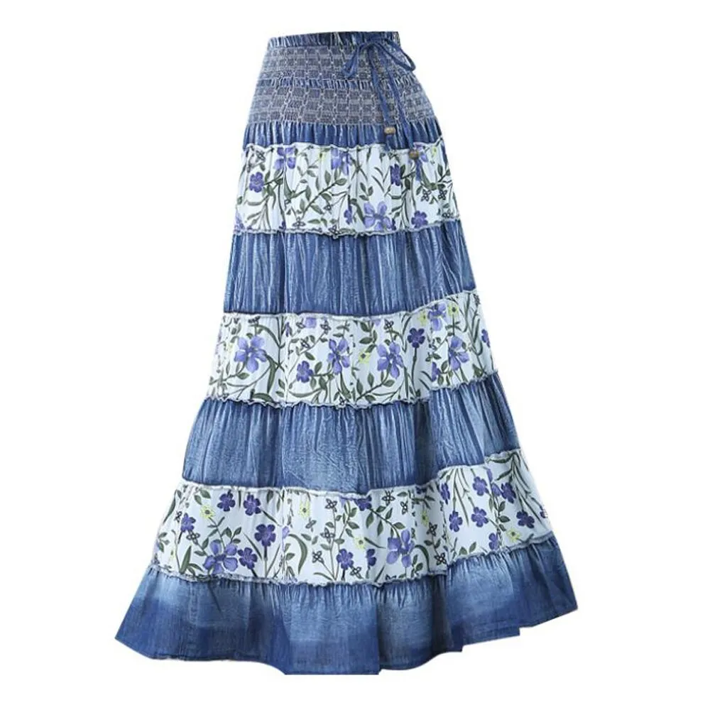 Summer High Waist Long Solid Party Floor-Length Jean Women Denim Pleated Maxi Skirts