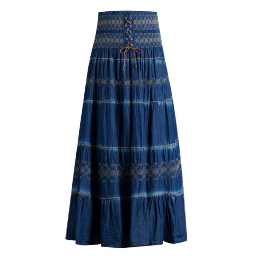 Summer High Waist Long Solid Party Floor-Length Jean Women Denim Pleated Maxi Skirts