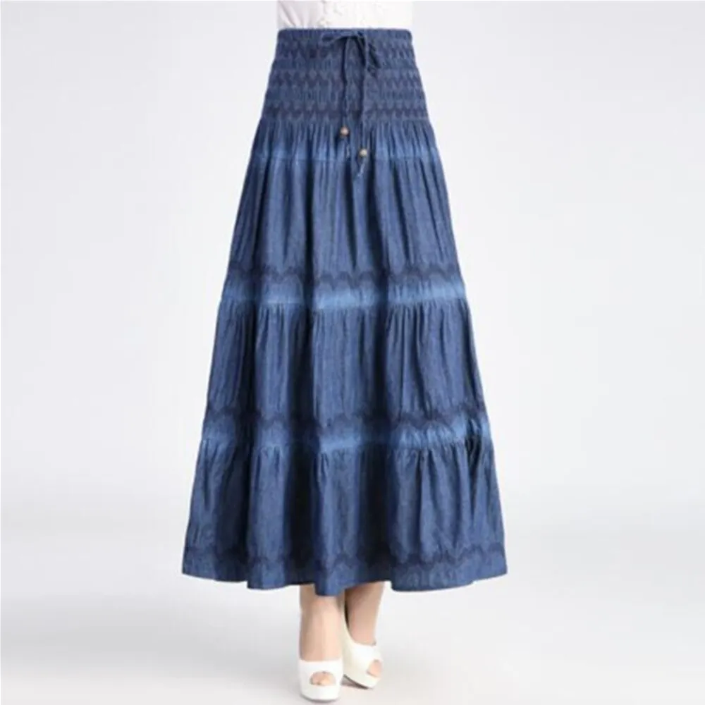 Summer High Waist Long Solid Party Floor-Length Jean Women Denim Pleated Maxi Skirts