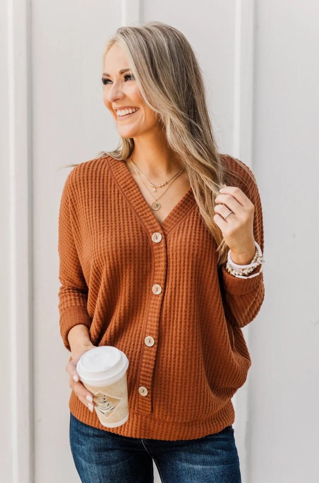 Turning A New Leaf Long Sleeve Waffle Knit Top- Rust