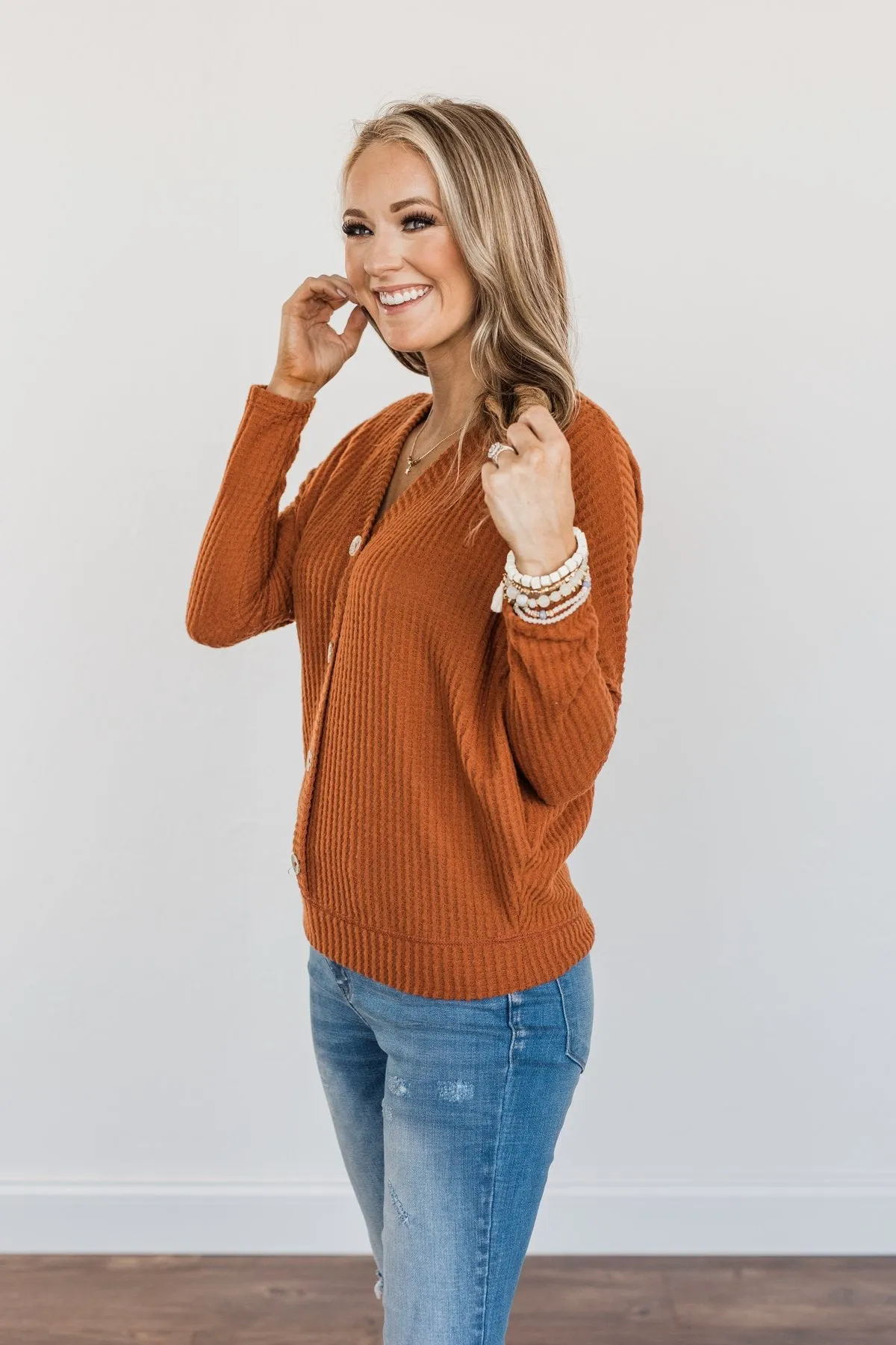 Turning A New Leaf Long Sleeve Waffle Knit Top- Rust