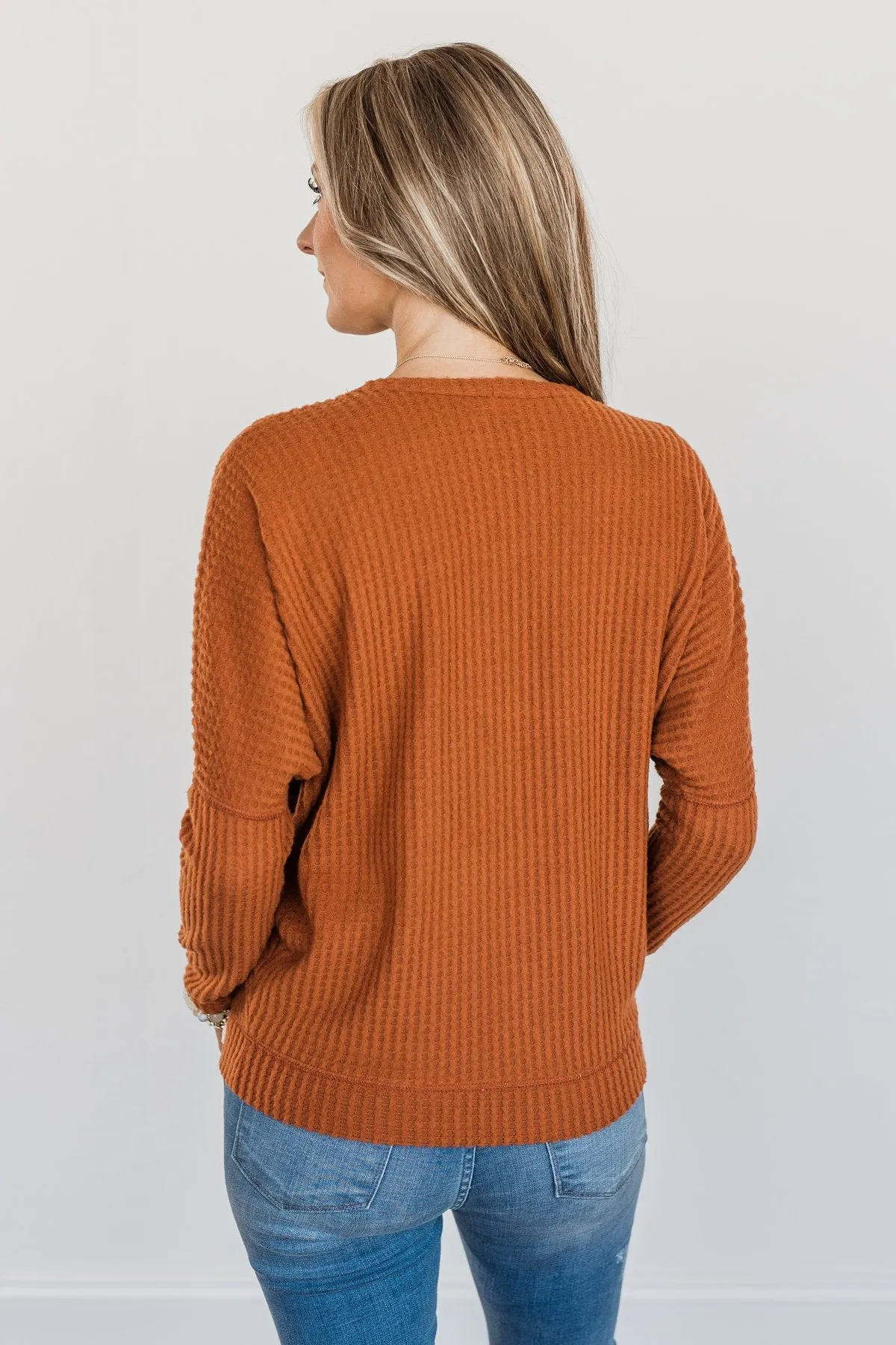 Turning A New Leaf Long Sleeve Waffle Knit Top- Rust