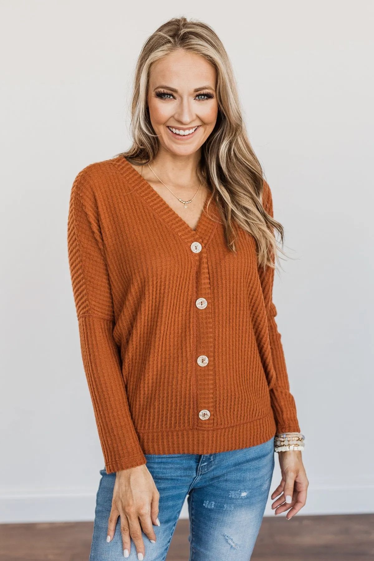 Turning A New Leaf Long Sleeve Waffle Knit Top- Rust