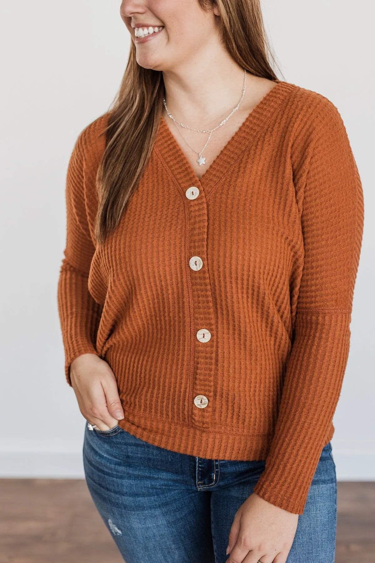 Turning A New Leaf Long Sleeve Waffle Knit Top- Rust