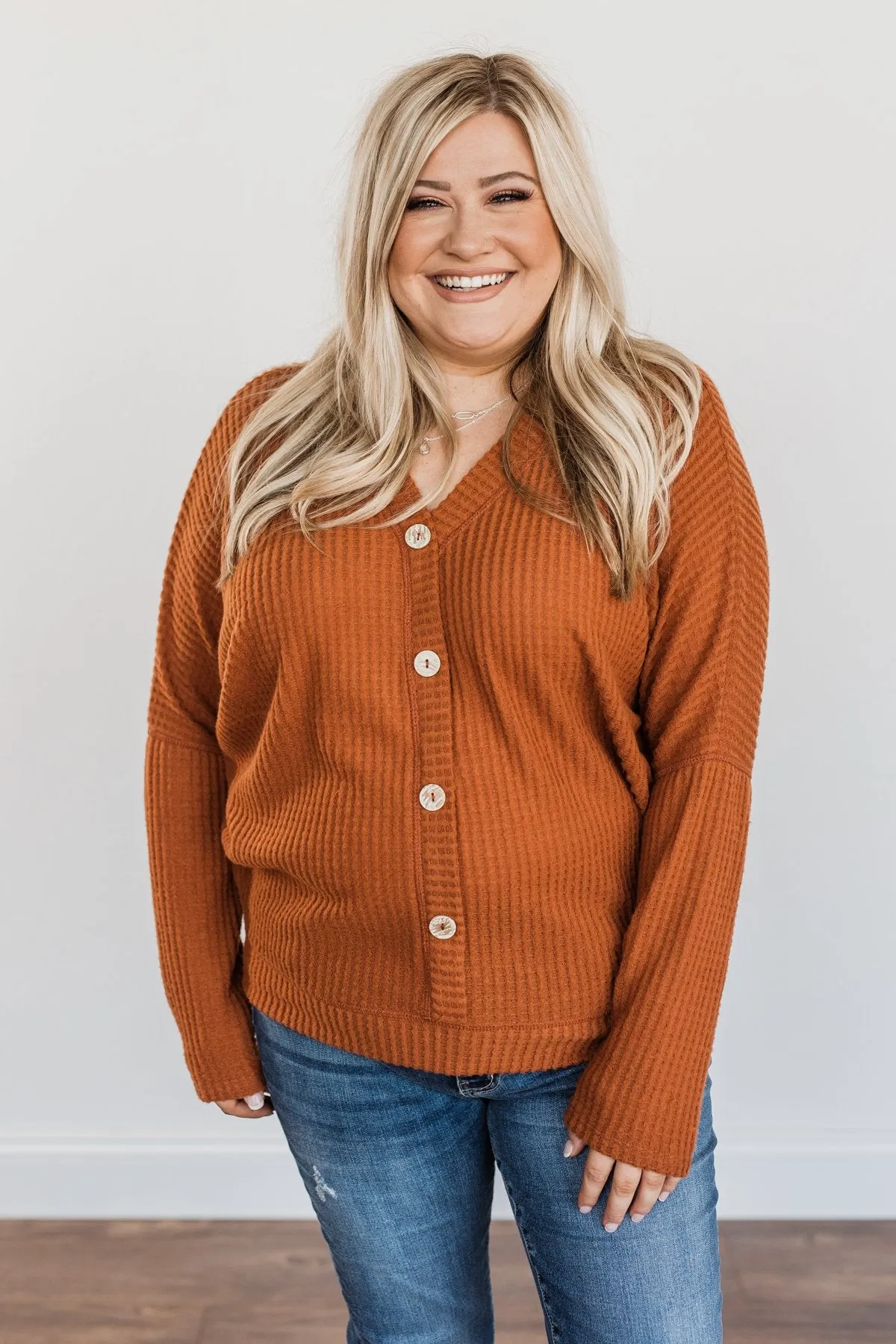 Turning A New Leaf Long Sleeve Waffle Knit Top- Rust