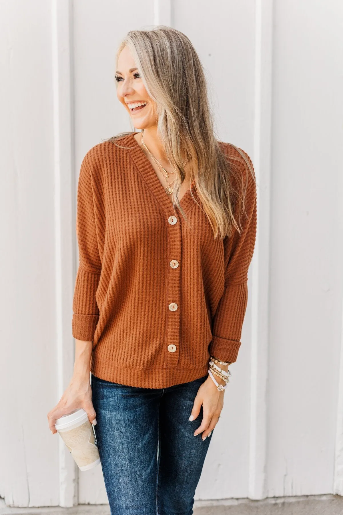 Turning A New Leaf Long Sleeve Waffle Knit Top- Rust