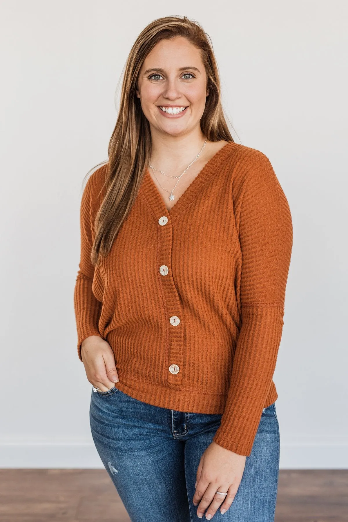 Turning A New Leaf Long Sleeve Waffle Knit Top- Rust