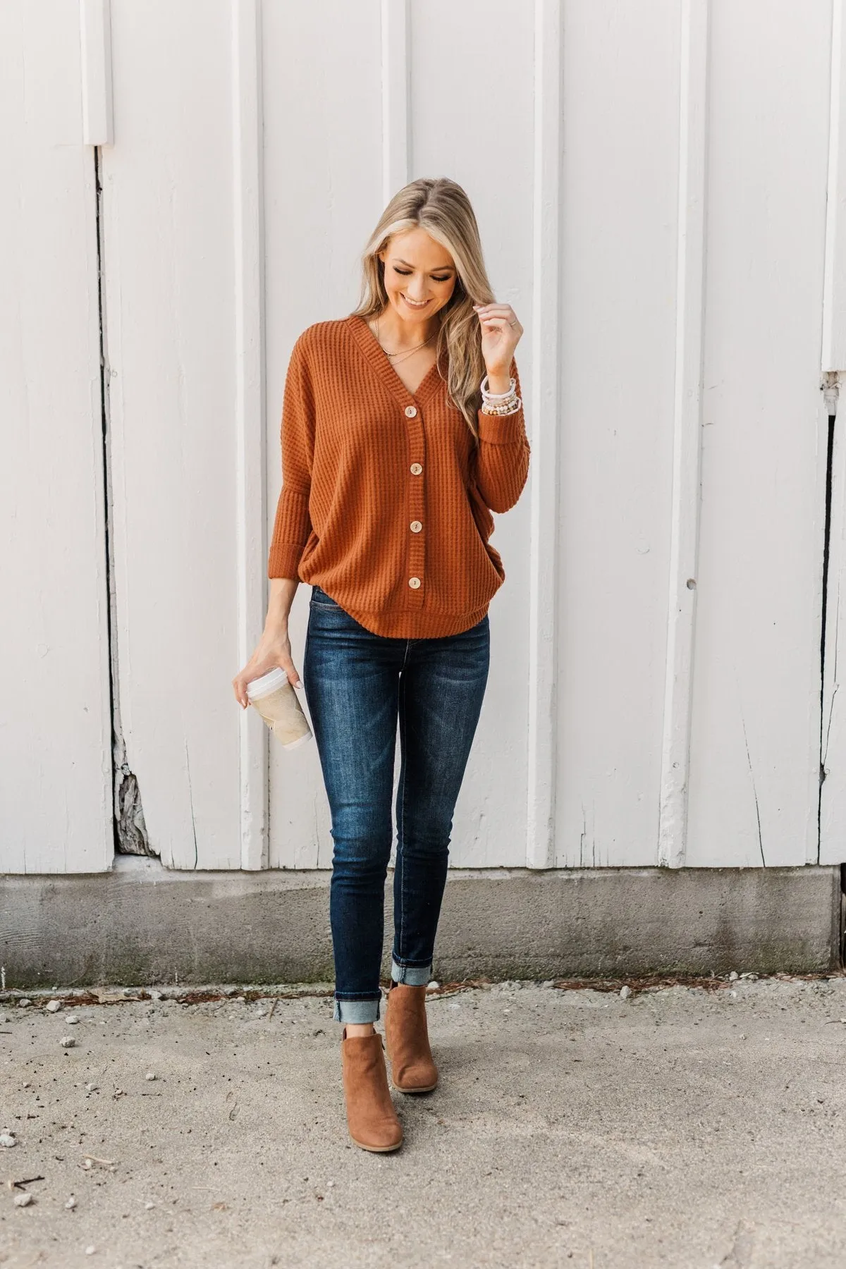 Turning A New Leaf Long Sleeve Waffle Knit Top- Rust