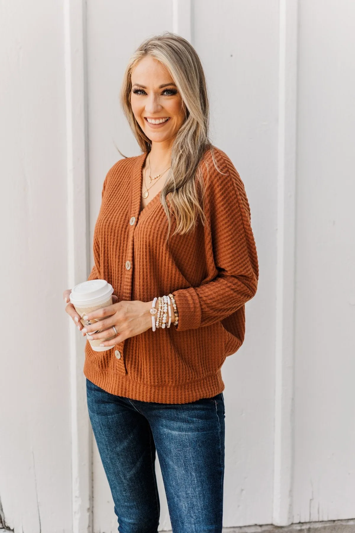 Turning A New Leaf Long Sleeve Waffle Knit Top- Rust