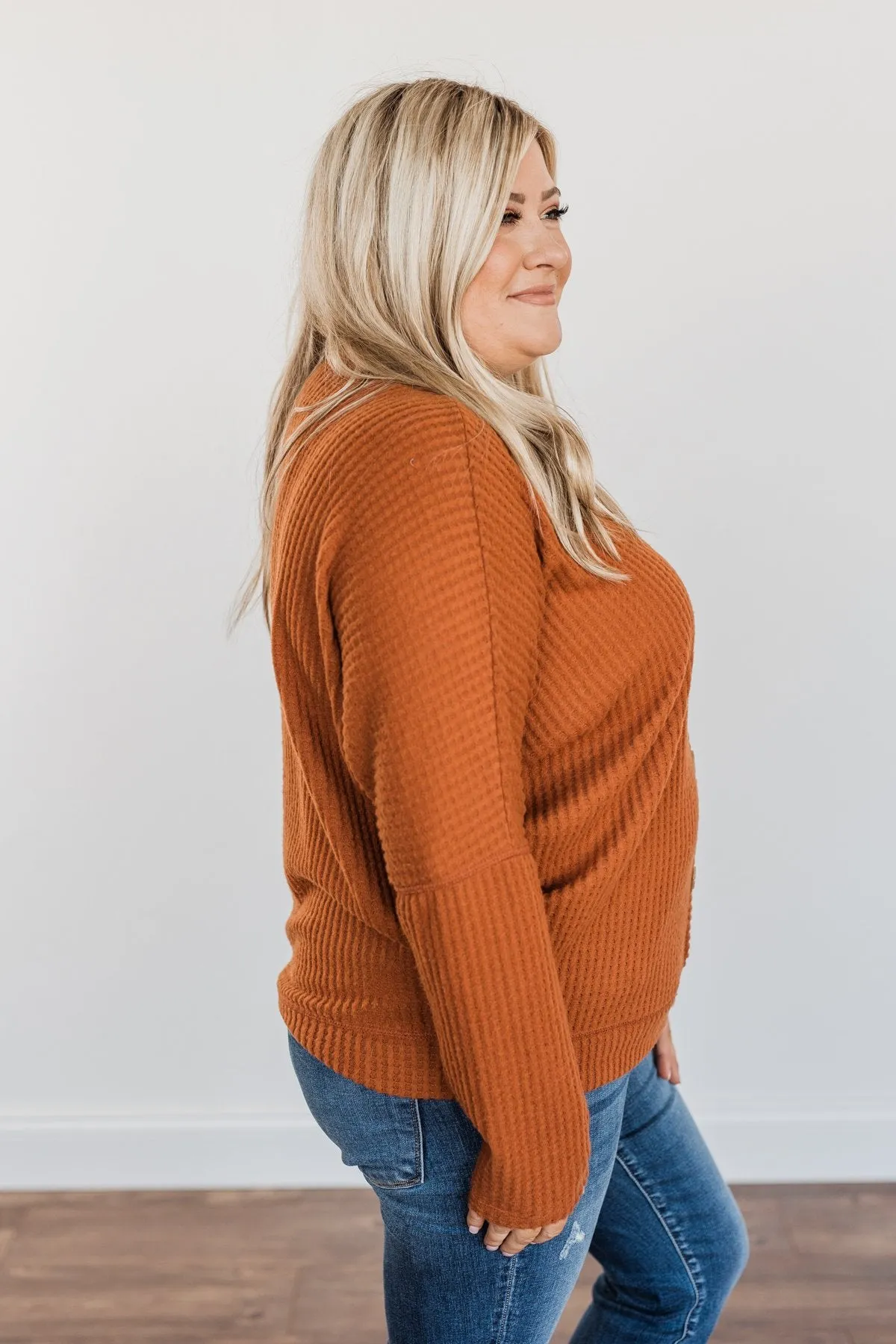 Turning A New Leaf Long Sleeve Waffle Knit Top- Rust