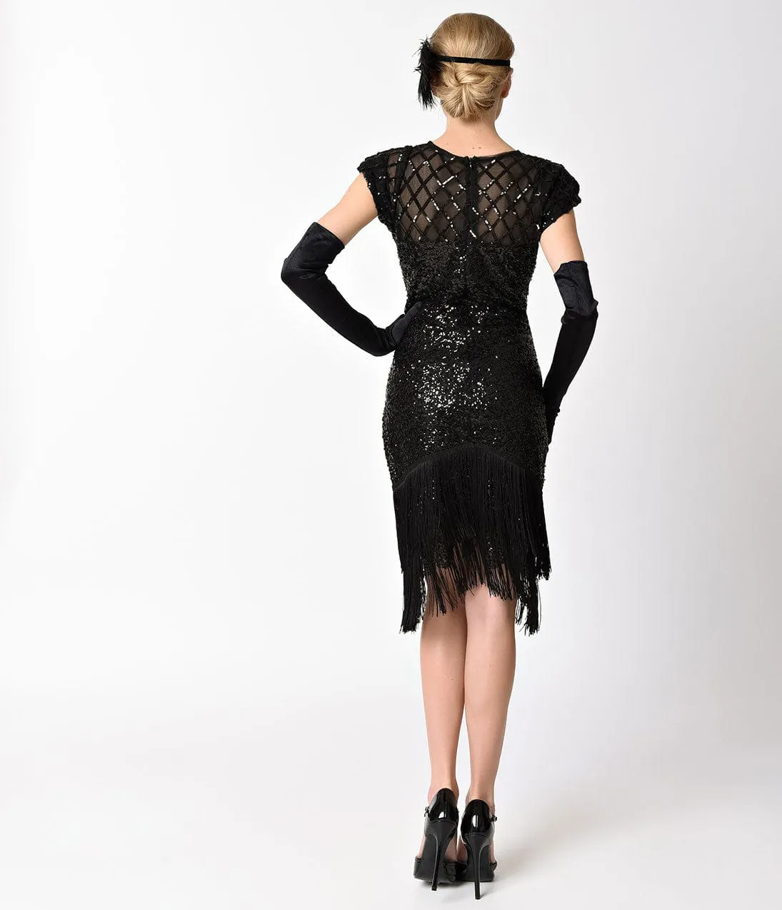 Unique Vintage 1920s Black Sequin Fringe Del Mar Flapper Dress