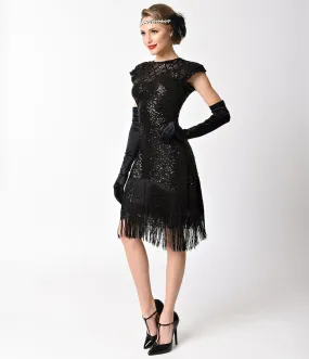 Unique Vintage 1920s Black Sequin Fringe Del Mar Flapper Dress